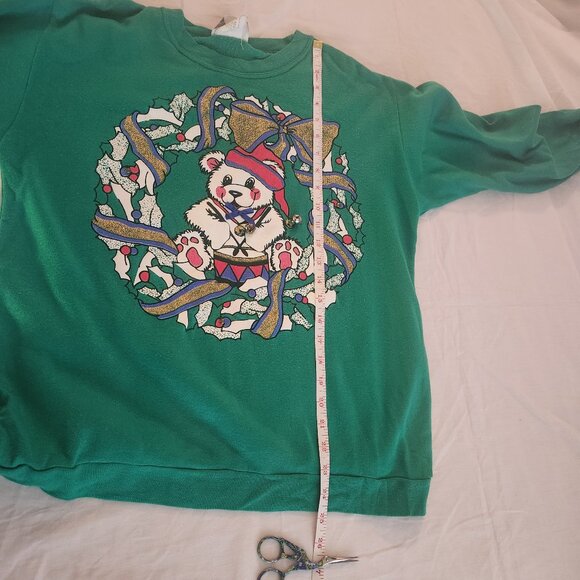 Vintage Christmas Sweater With Teddy Bear Wreath Functional Bells Size Medium - Picture 8 of 8